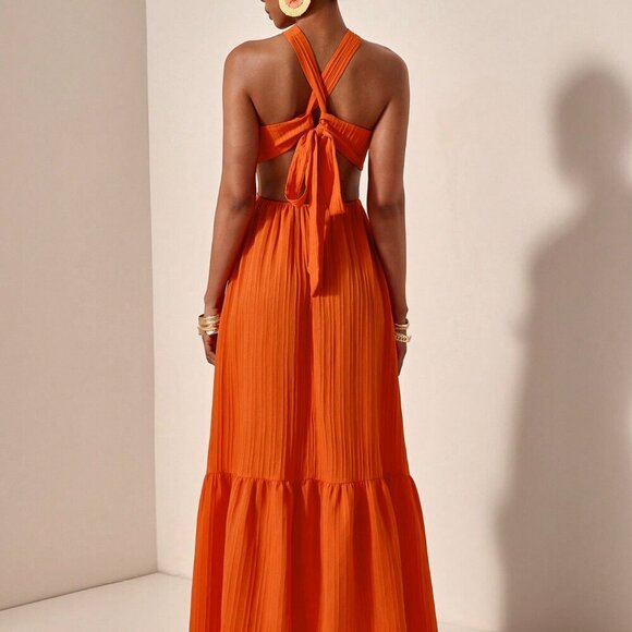 Orange Sexy Women's Casual Vacation Cross Halter Neck Hollow Backless Dress - Picture 2 of 7